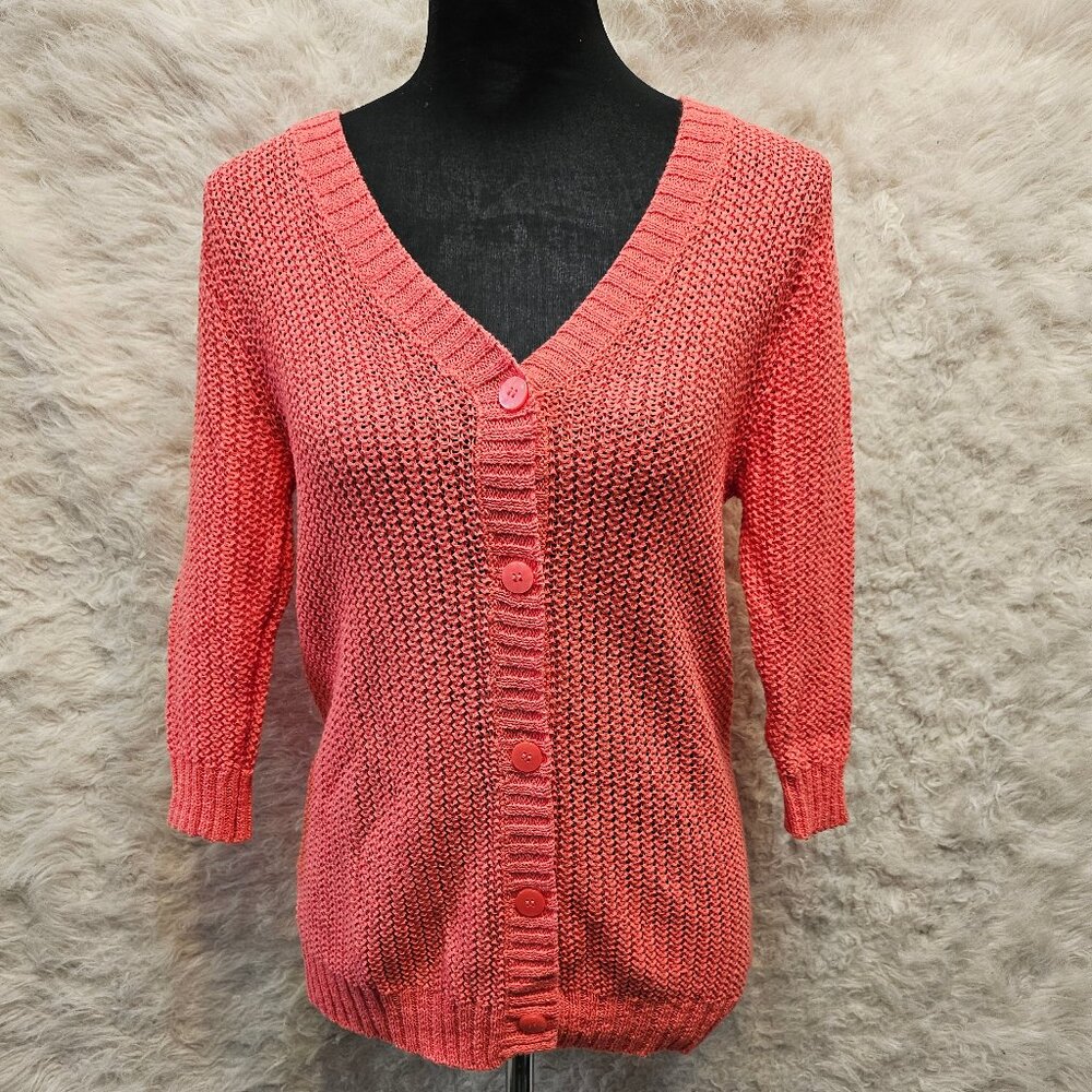 Kenneth Cole Women's Coral Linen Blend Knit Buttons Up Cardigan Size: L
